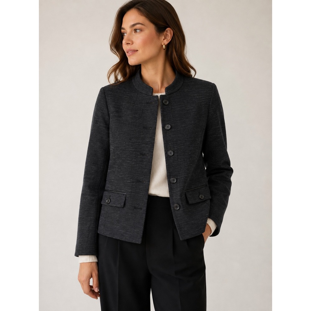 Talbots Blazer Women 6 Gray Herringbone Italian Knit Stand Collar Dark Academia